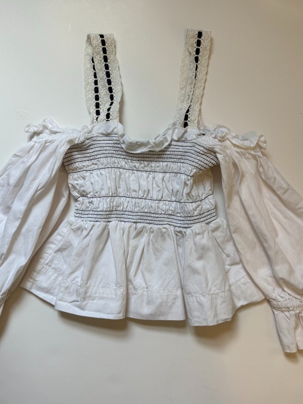 1. State Womens Off the Shoulder Smocked Ruffle Top Size Small White 100 Cotton